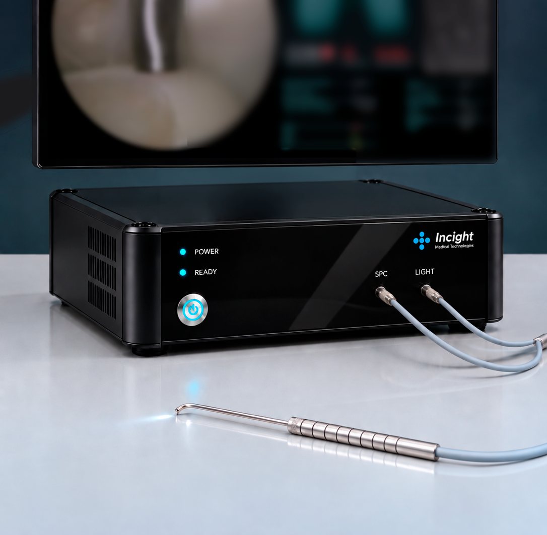 JED Explorer preclinical test unit: a black console with power and ready lights, a hook-shaped probe with its tip lit, and the lower edge of a monitor with blurred content